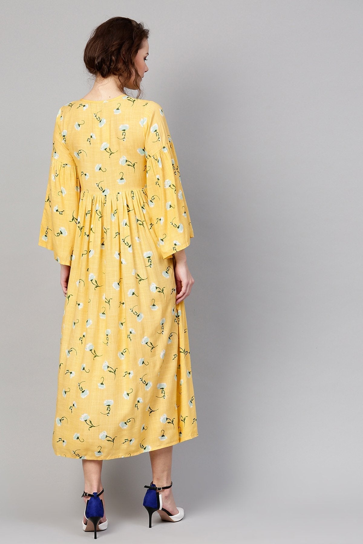 Women's Yellow Blue Floral Front Tassel Gathered Maxi