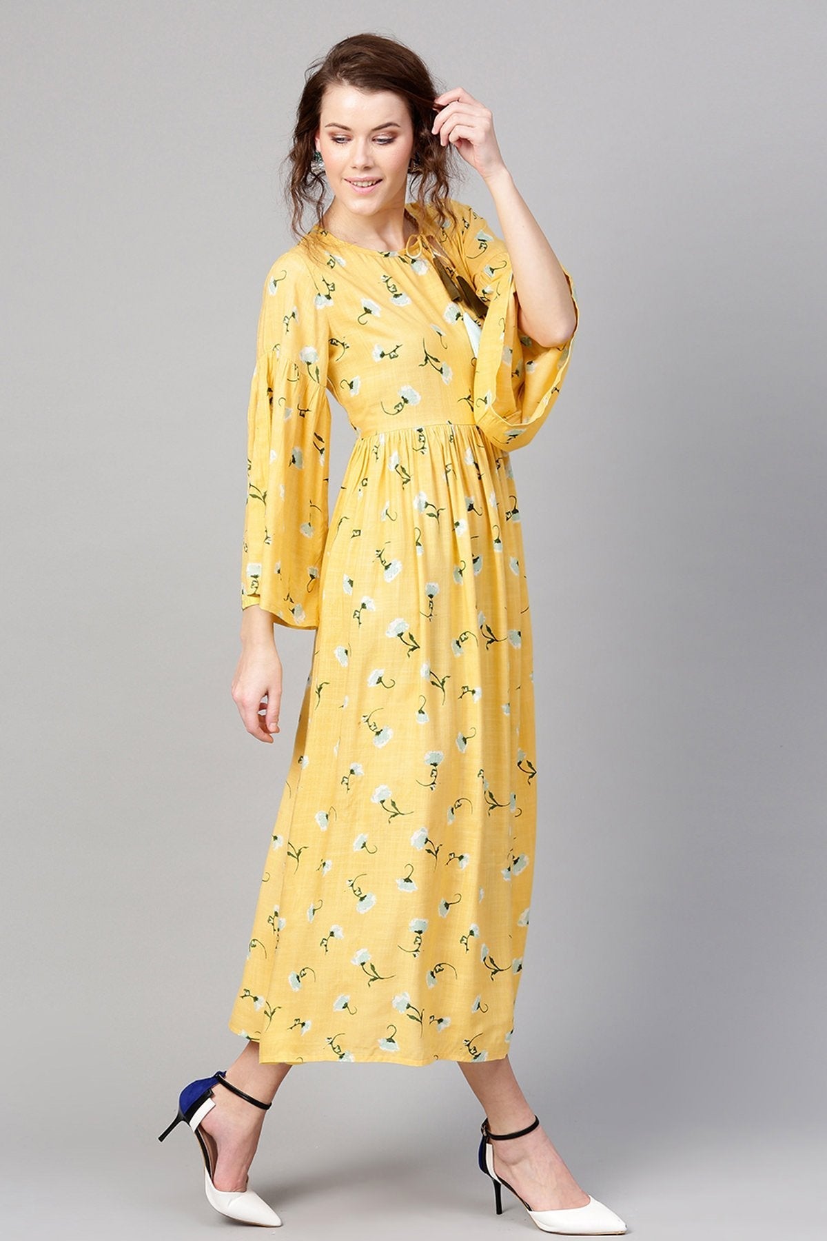 Women's Yellow Blue Floral Front Tassel Gathered Maxi