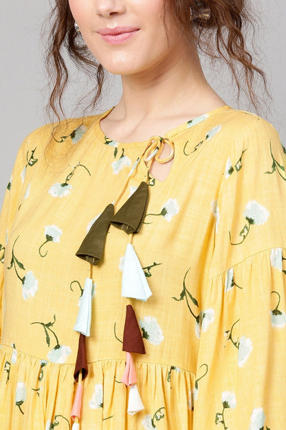 Women's Yellow Blue Floral Front Tassel Gathered Maxi