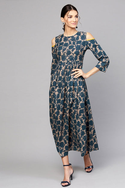 Women's Grey Indigo Floral Back Tassel Cold Shoulder Maxi