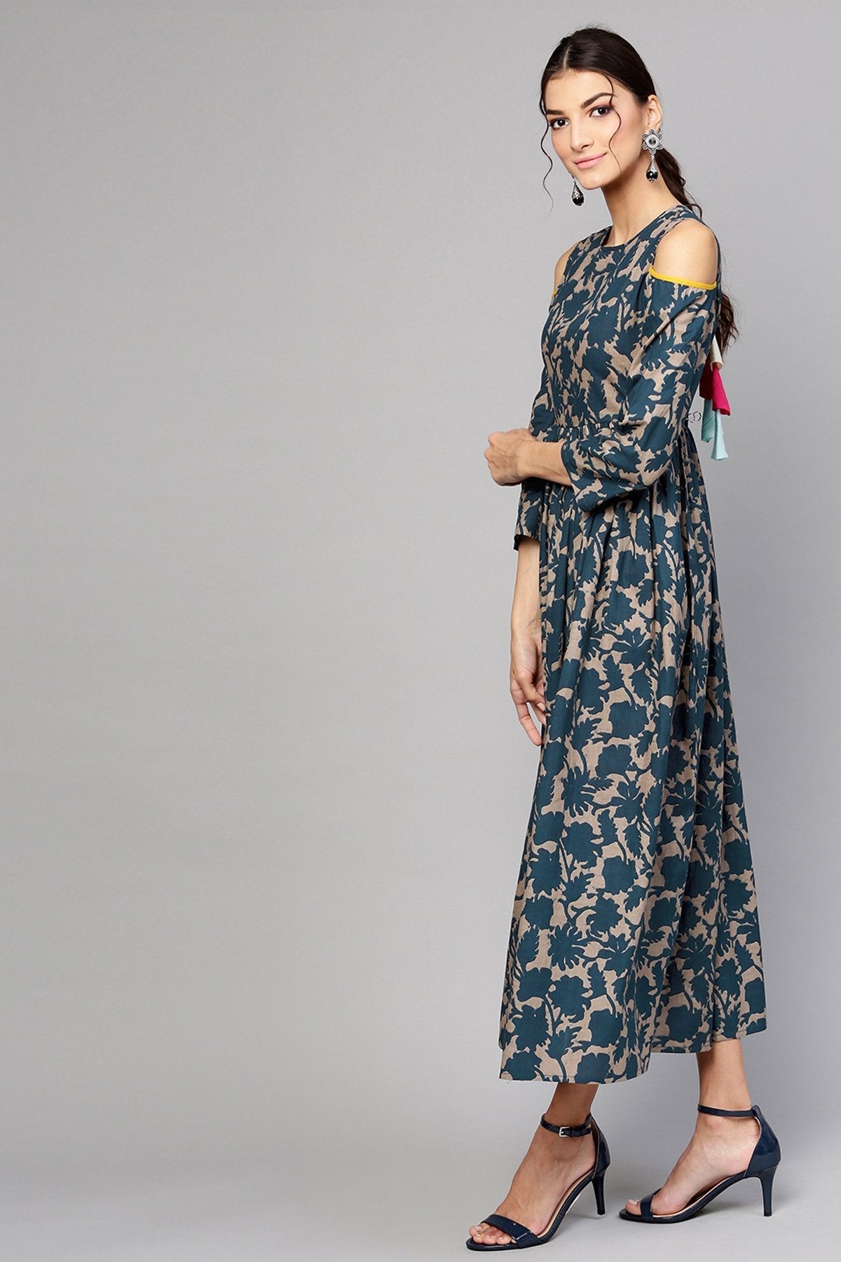 Women's Grey Indigo Floral Back Tassel Cold Shoulder Maxi