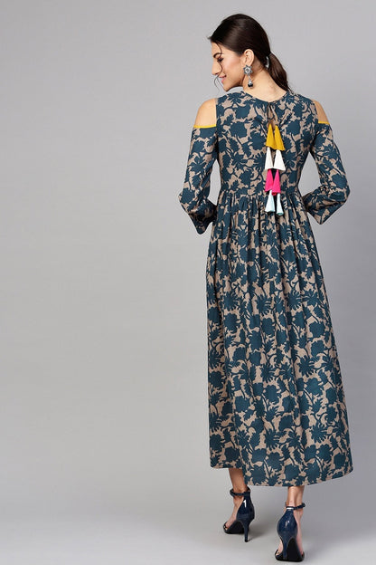 Women's Grey Indigo Floral Back Tassel Cold Shoulder Maxi