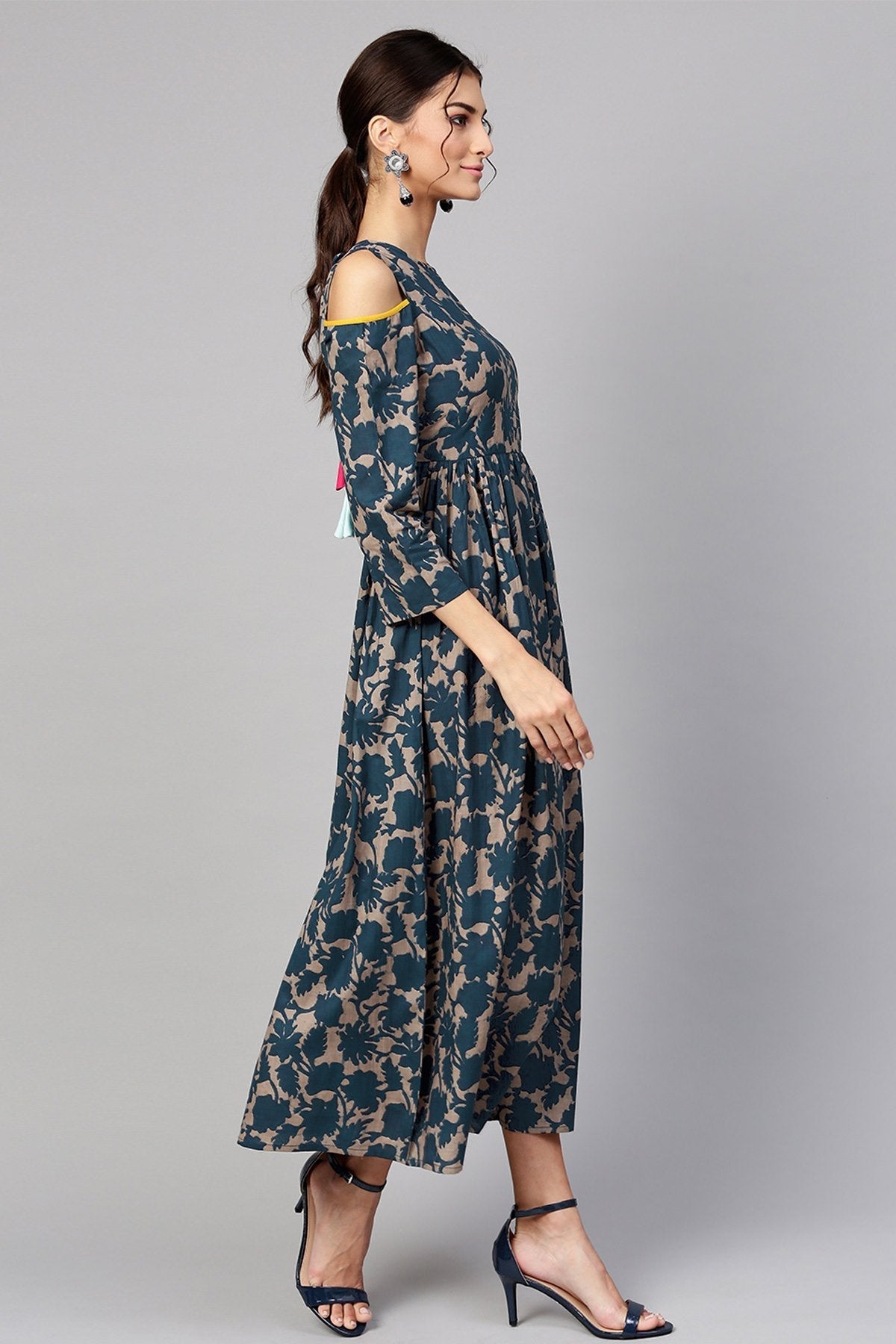 Women's Grey Indigo Floral Back Tassel Cold Shoulder Maxi