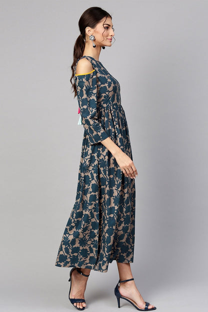 Women's Grey Indigo Floral Back Tassel Cold Shoulder Maxi