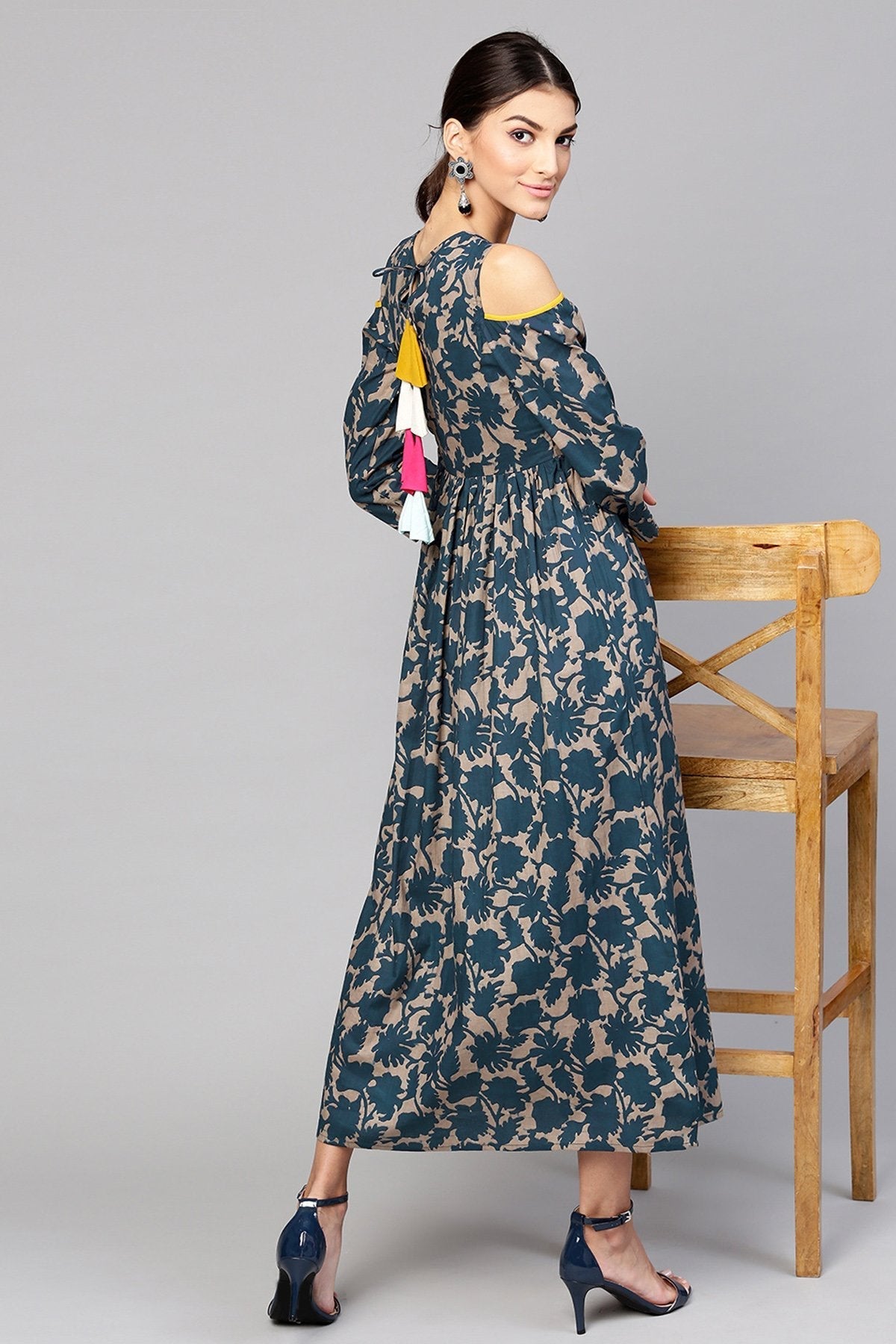 Women's Grey Indigo Floral Back Tassel Cold Shoulder Maxi