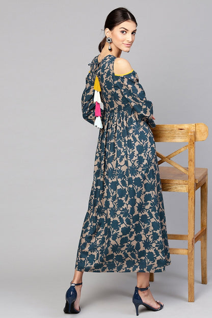 Women's Grey Indigo Floral Back Tassel Cold Shoulder Maxi