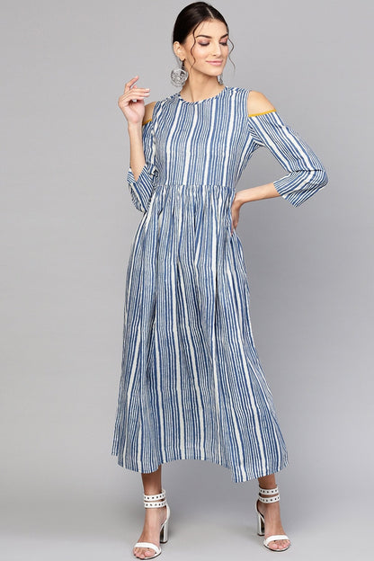 Women's Indigo Stripe Back Tassel Cold Shoulder Maxi