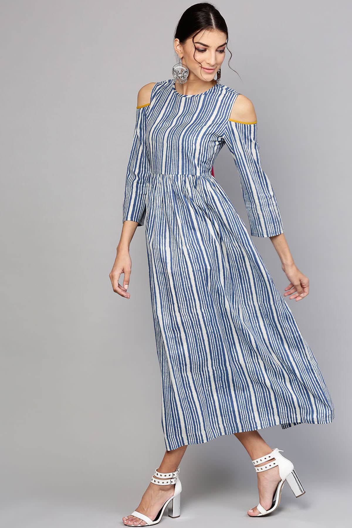 Women's Indigo Stripe Back Tassel Cold Shoulder Maxi