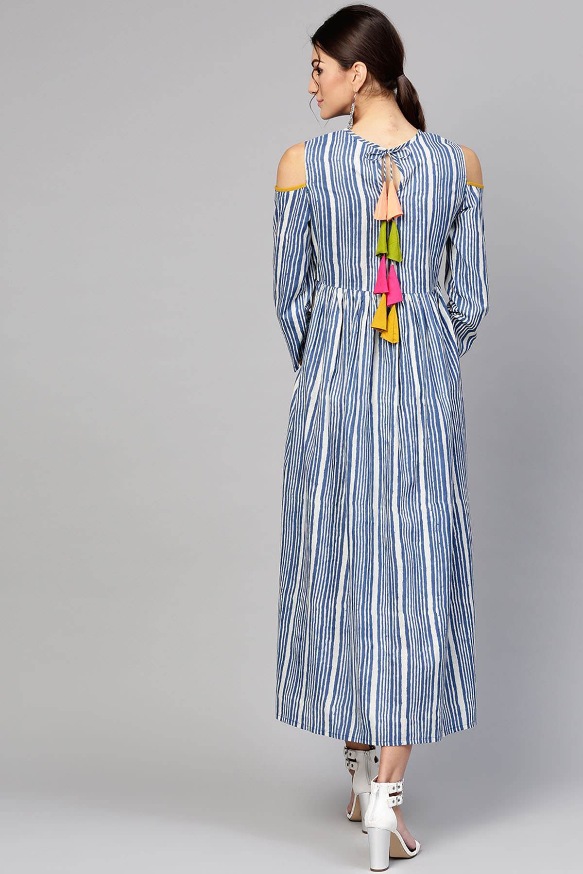 Women's Indigo Stripe Back Tassel Cold Shoulder Maxi