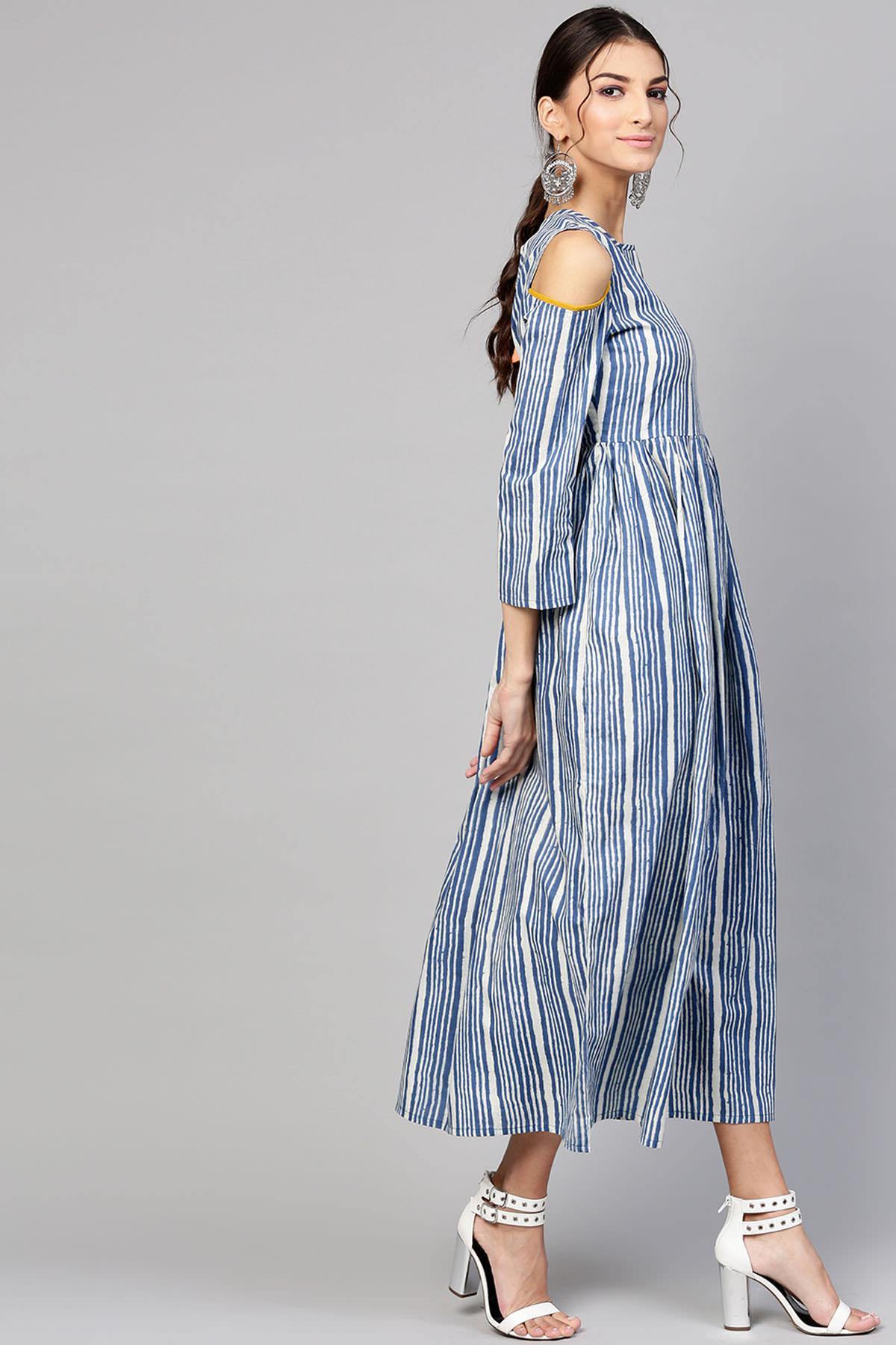 Women's Indigo Stripe Back Tassel Cold Shoulder Maxi