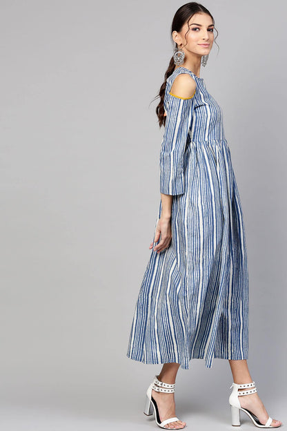 Women's Indigo Stripe Back Tassel Cold Shoulder Maxi