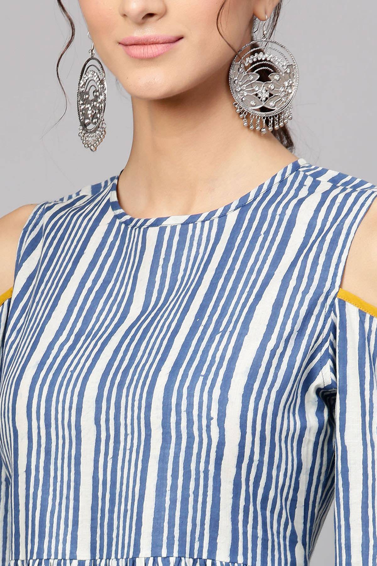 Women's Indigo Stripe Back Tassel Cold Shoulder Maxi