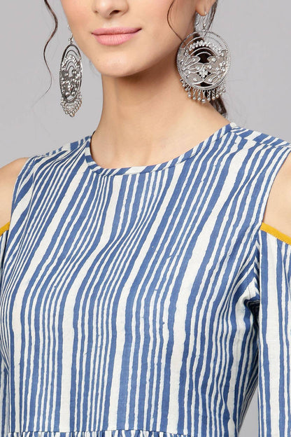Women's Indigo Stripe Back Tassel Cold Shoulder Maxi