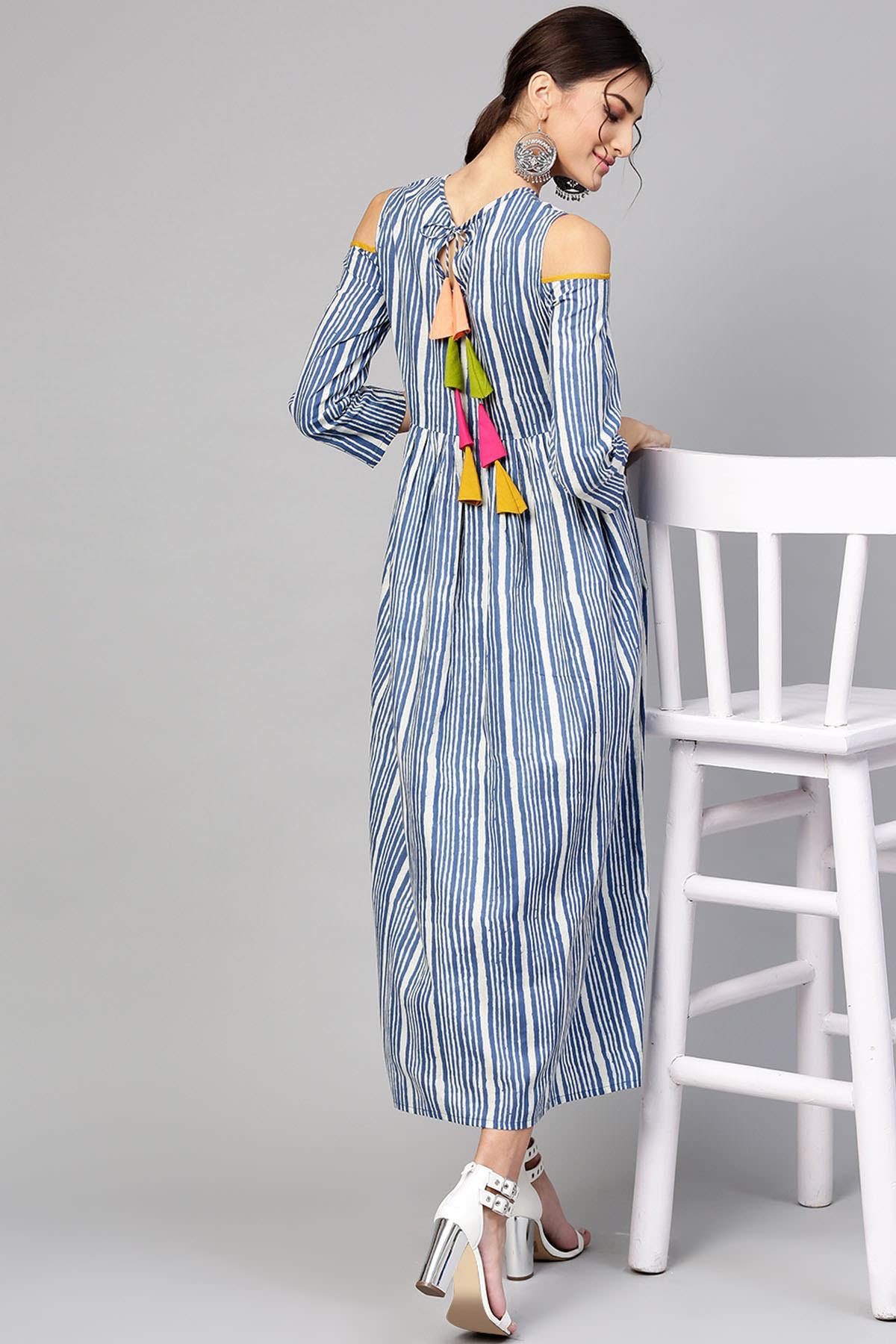 Women's Indigo Stripe Back Tassel Cold Shoulder Maxi