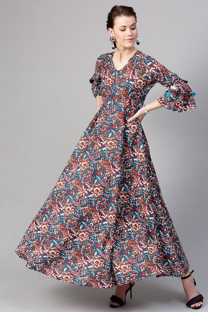 Women's Navy Red Floral Tiered Sleeves Maxi