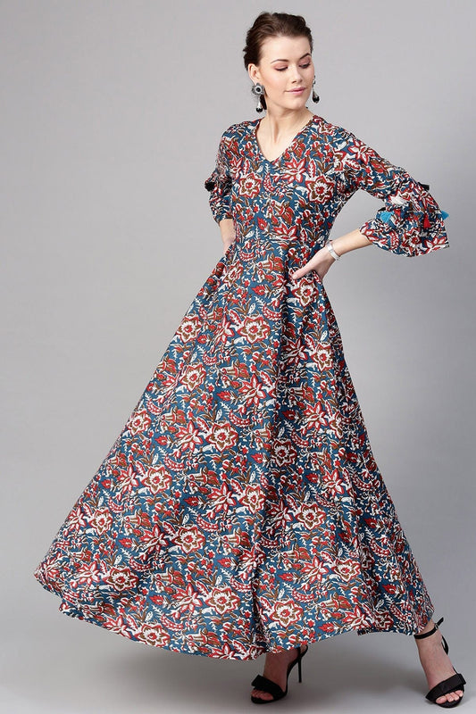 Women's Navy Red Floral Tiered Sleeves Maxi