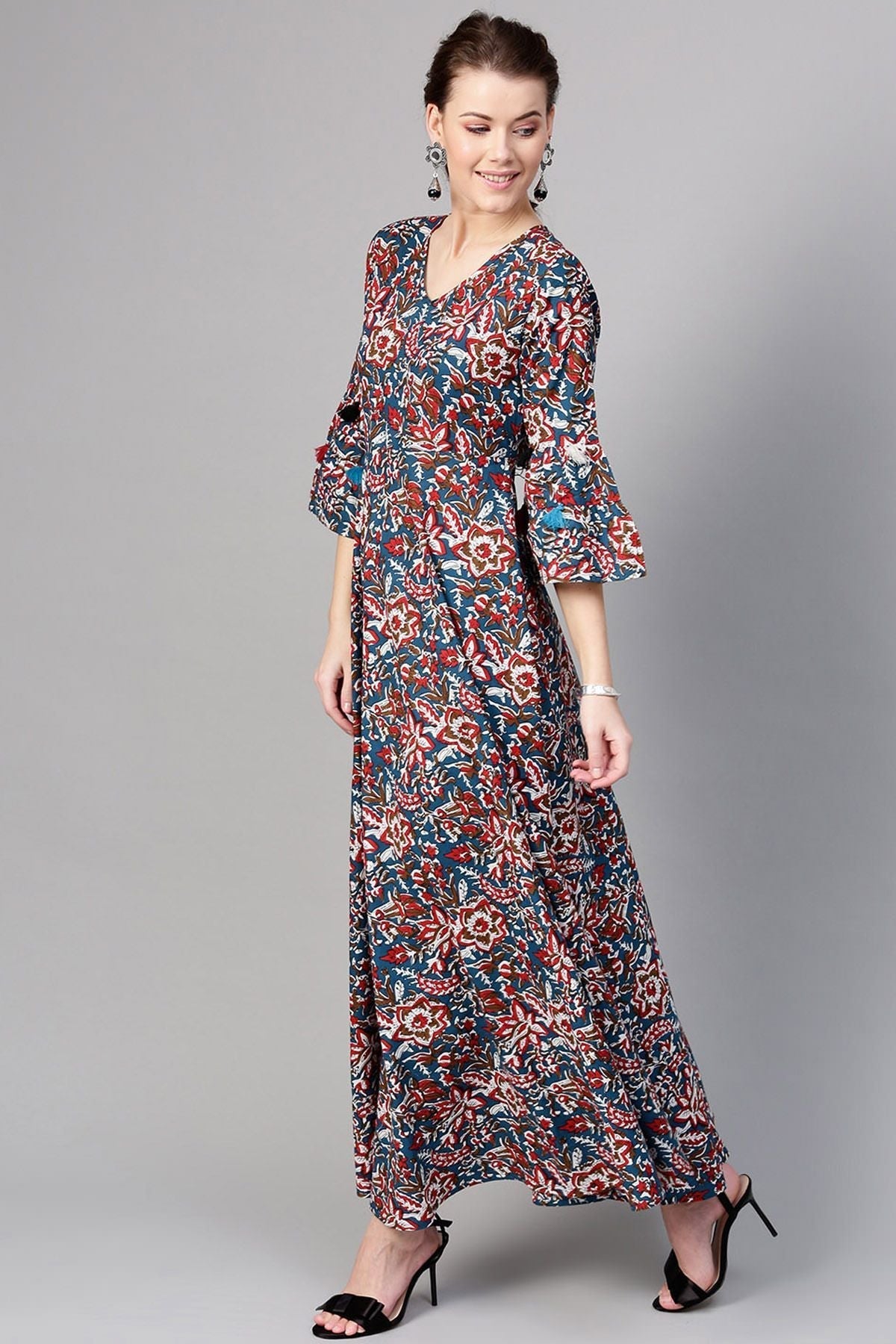 Women's Navy Red Floral Tiered Sleeves Maxi