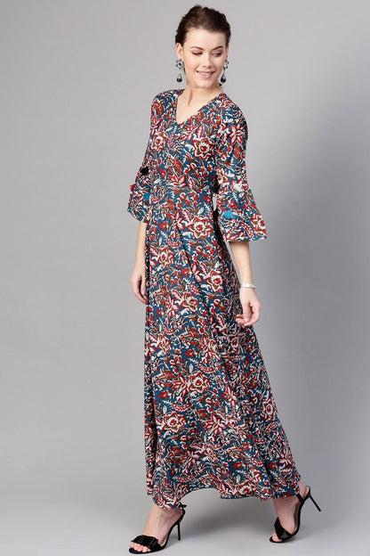 Women's Navy Red Floral Tiered Sleeves Maxi