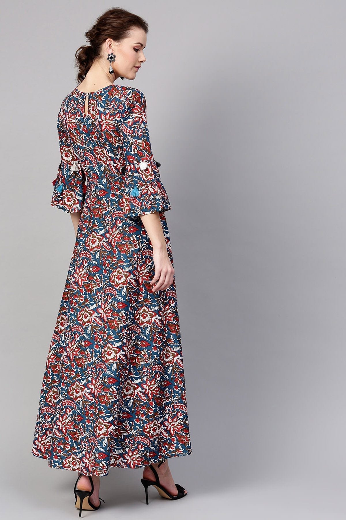 Women's Navy Red Floral Tiered Sleeves Maxi