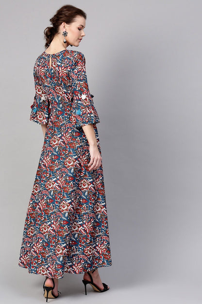 Women's Navy Red Floral Tiered Sleeves Maxi
