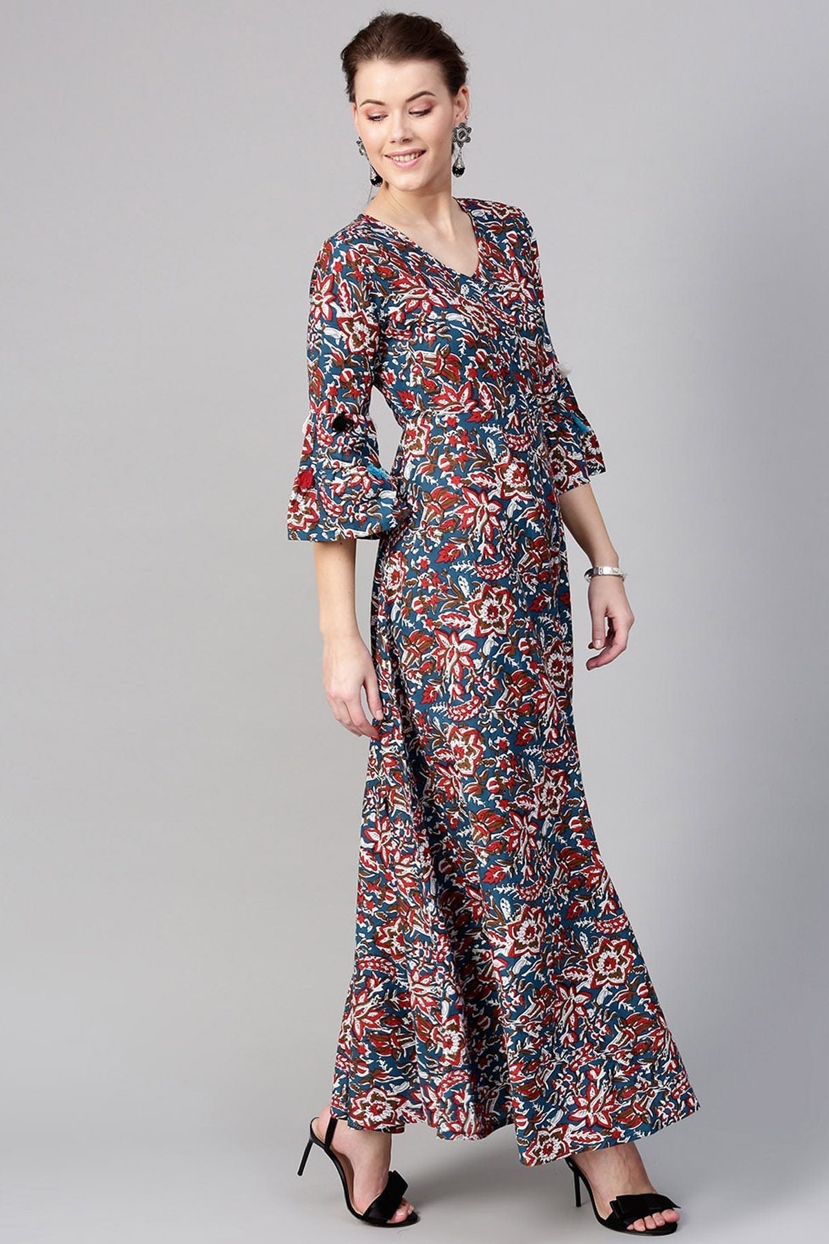 Women's Navy Red Floral Tiered Sleeves Maxi
