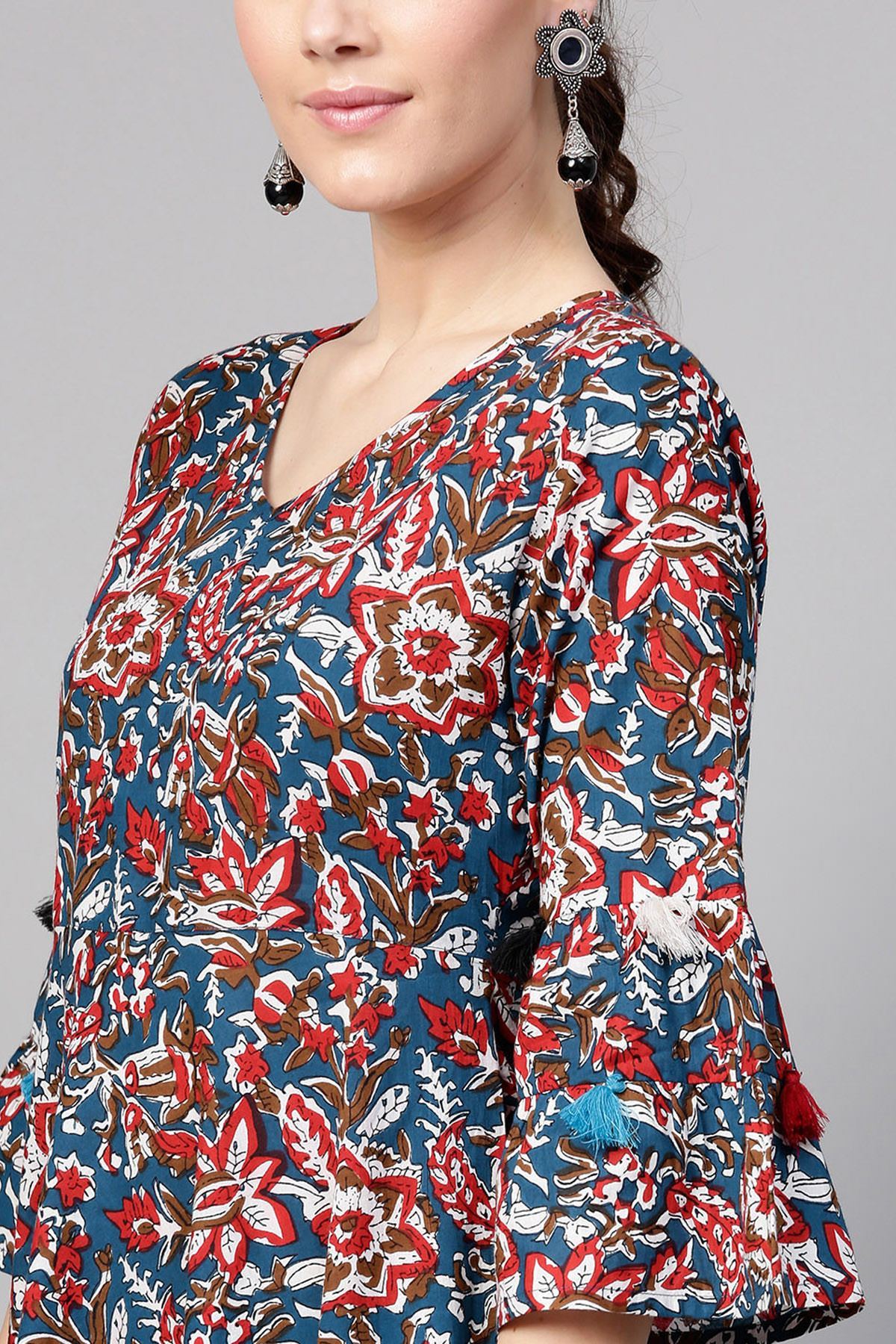 Women's Navy Red Floral Tiered Sleeves Maxi