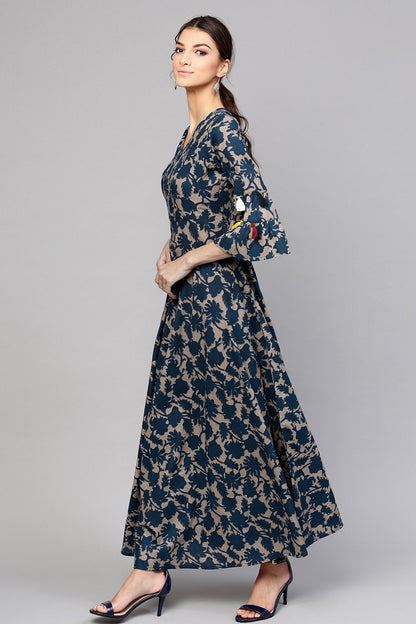 Women's Grey Indigo Floral Tiered Sleeves Maxi