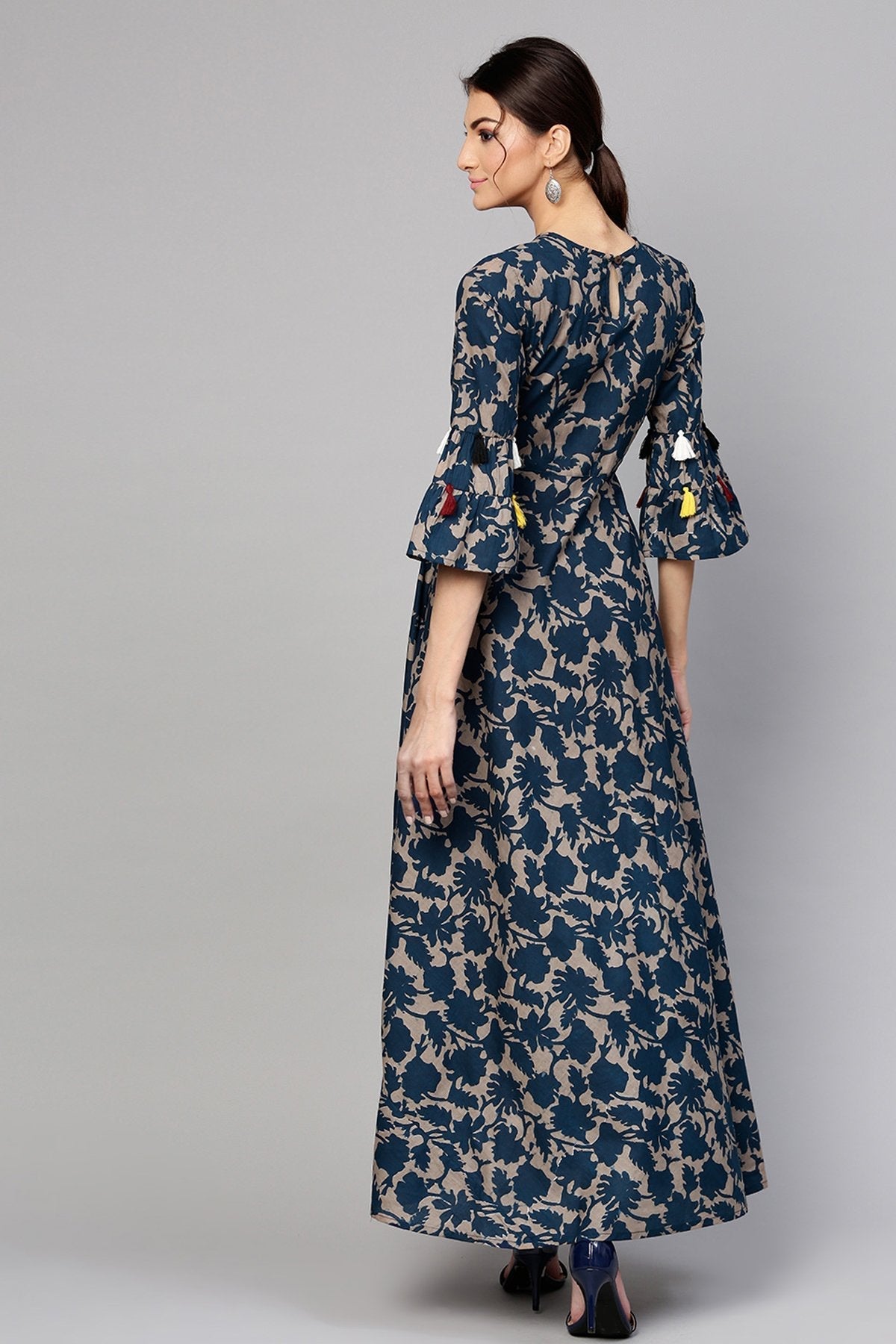 Women's Grey Indigo Floral Tiered Sleeves Maxi