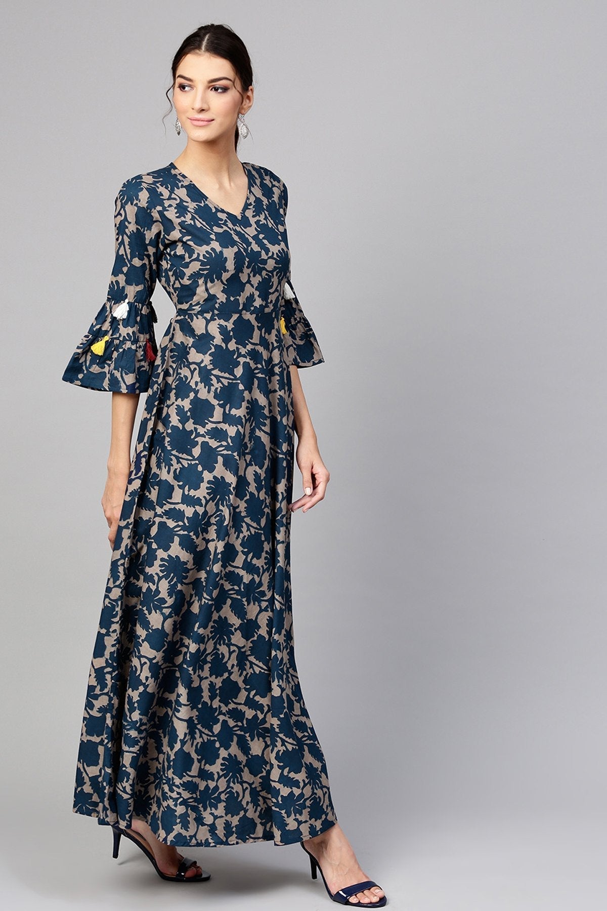Women's Grey Indigo Floral Tiered Sleeves Maxi