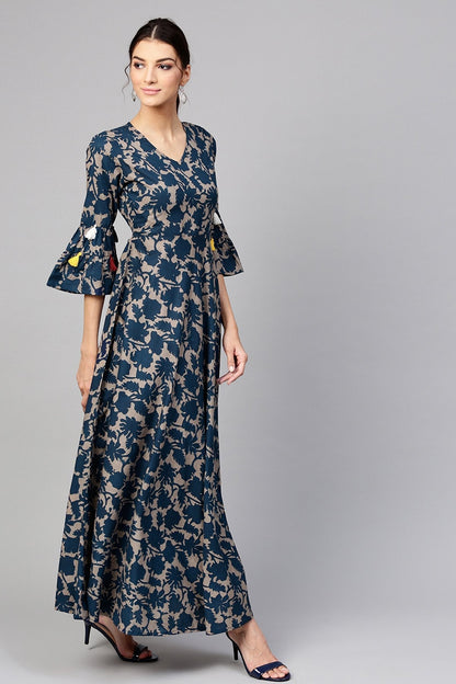 Women's Grey Indigo Floral Tiered Sleeves Maxi