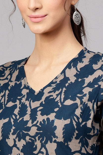 Women's Grey Indigo Floral Tiered Sleeves Maxi
