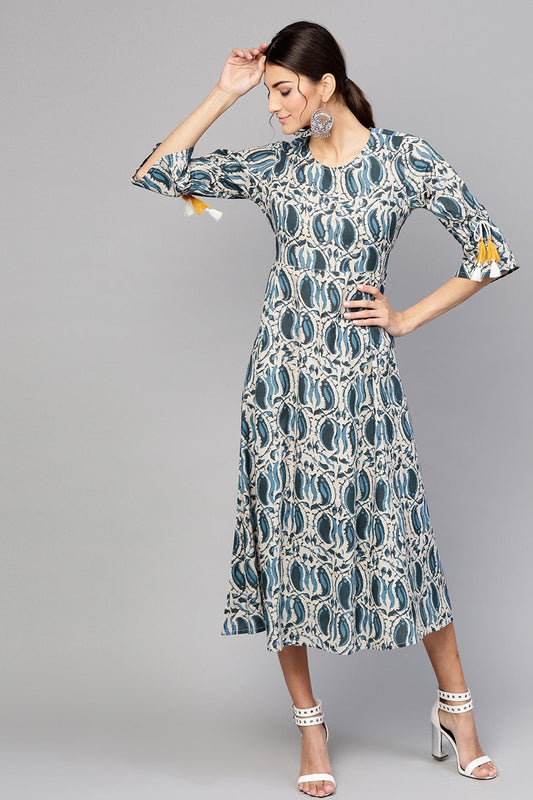 Women's Indigo Paisley Tie-Up Sleeve Dress