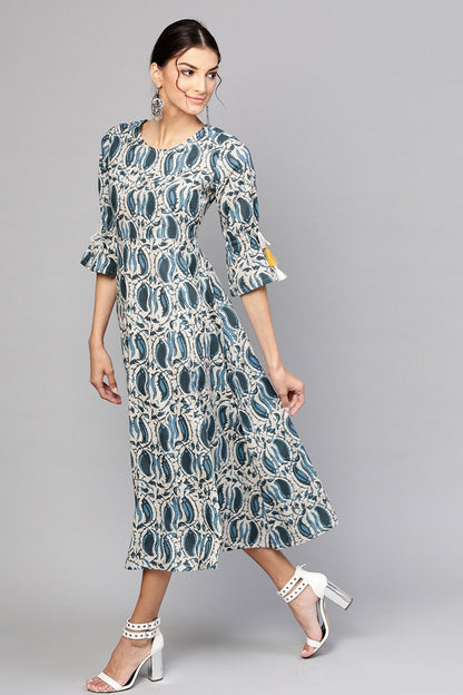 Women's Indigo Paisley Tie-Up Sleeve Dress
