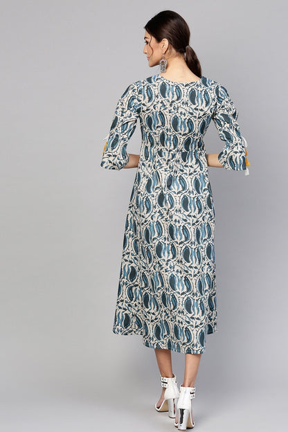 Women's Indigo Paisley Tie-Up Sleeve Dress