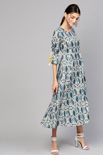 Women's Indigo Paisley Tie-Up Sleeve Dress