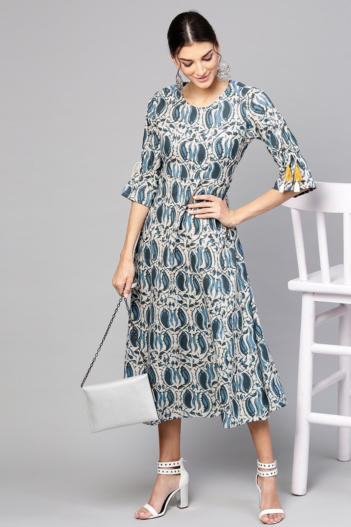Women's Indigo Paisley Tie-Up Sleeve Dress
