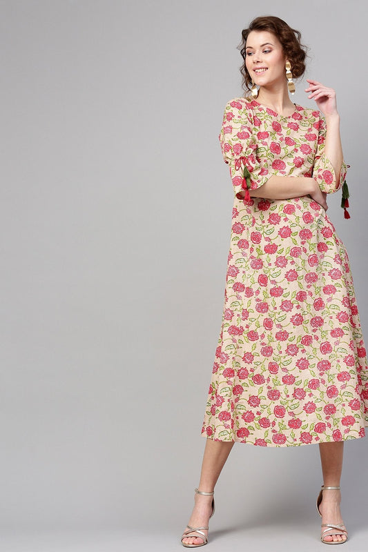 Women's Beige Pink Floral Tie-Up Sleeve Dress