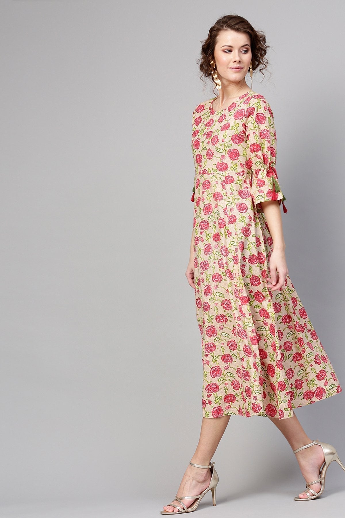 Women's Beige Pink Floral Tie-Up Sleeve Dress