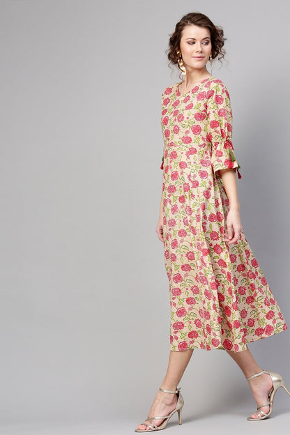 Women's Beige Pink Floral Tie-Up Sleeve Dress