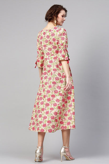 Women's Beige Pink Floral Tie-Up Sleeve Dress