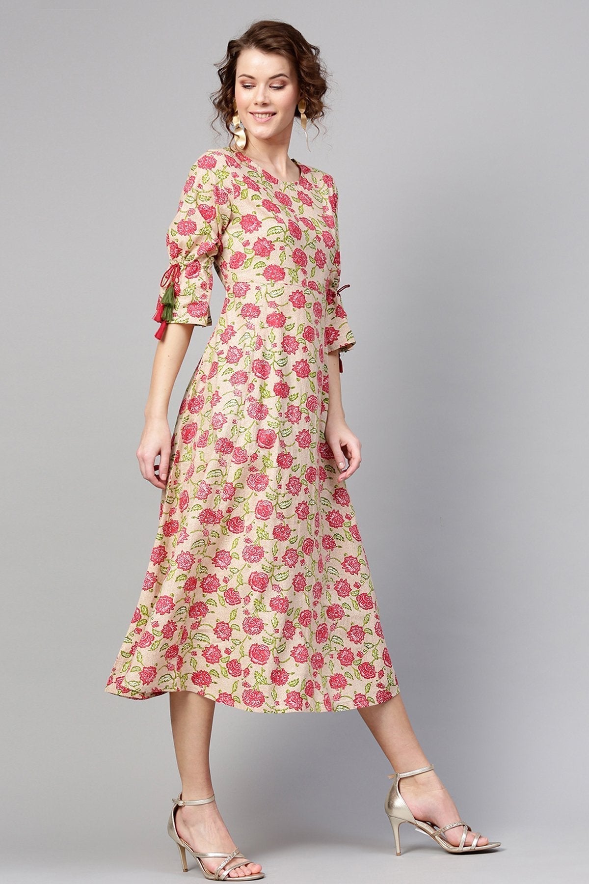 Women's Beige Pink Floral Tie-Up Sleeve Dress