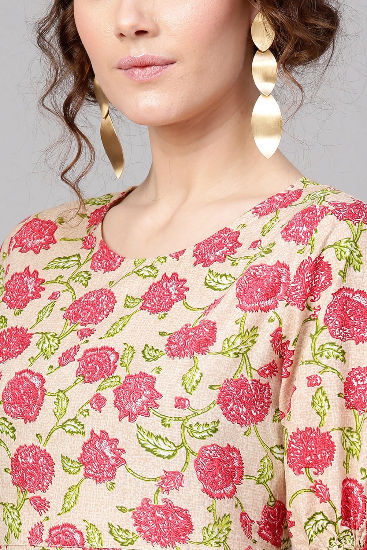 Women's Beige Pink Floral Tie-Up Sleeve Dress