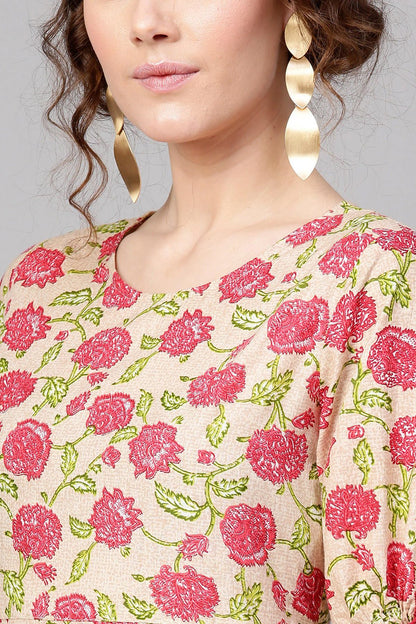 Women's Beige Pink Floral Tie-Up Sleeve Dress