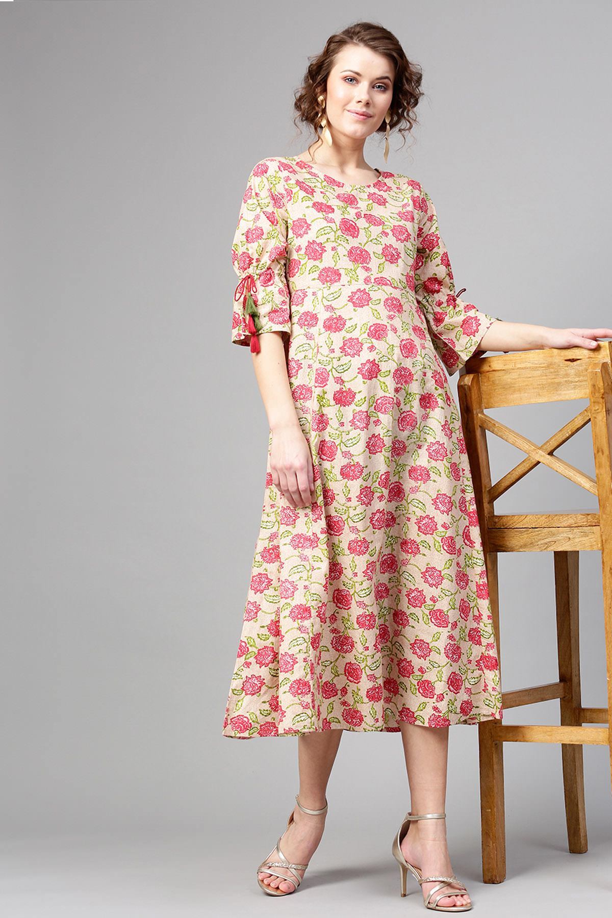 Women's Beige Pink Floral Tie-Up Sleeve Dress
