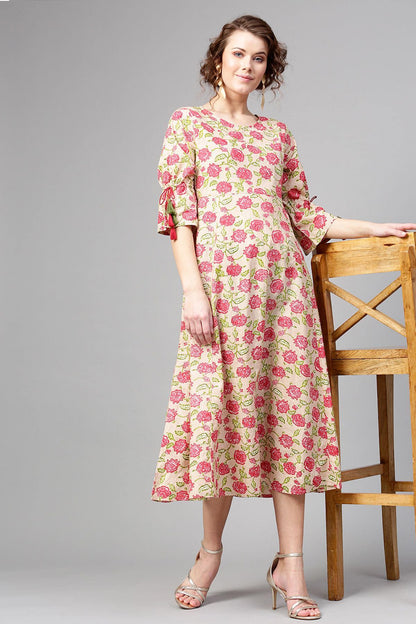 Women's Beige Pink Floral Tie-Up Sleeve Dress