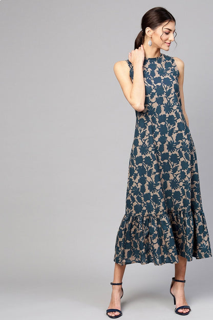 Women's Grey Indigo Floral Tiered Sleeveless Maxi