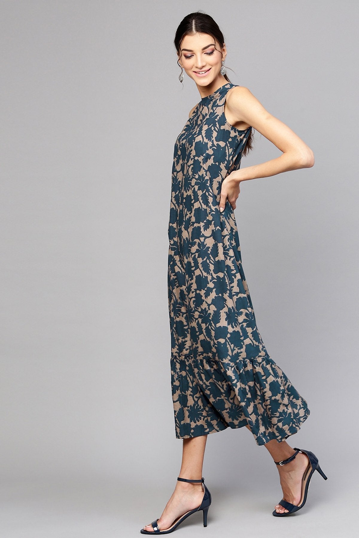 Women's Grey Indigo Floral Tiered Sleeveless Maxi