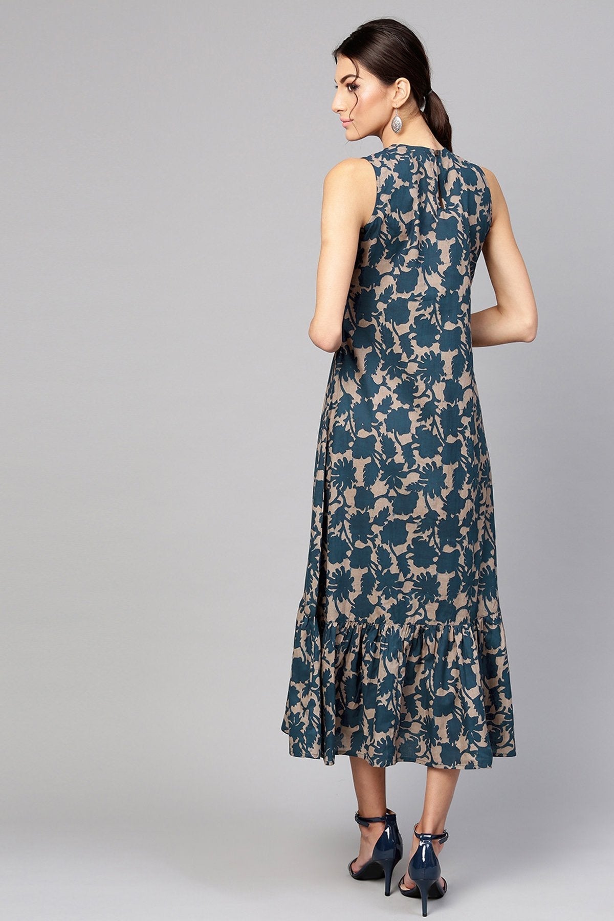 Women's Grey Indigo Floral Tiered Sleeveless Maxi