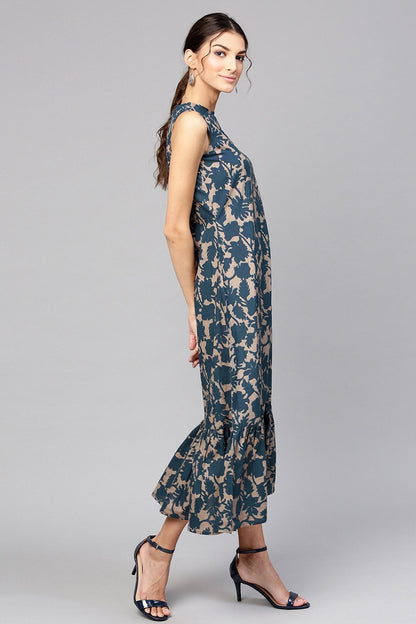 Women's Grey Indigo Floral Tiered Sleeveless Maxi