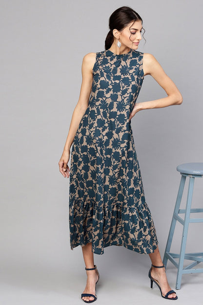 Women's Grey Indigo Floral Tiered Sleeveless Maxi